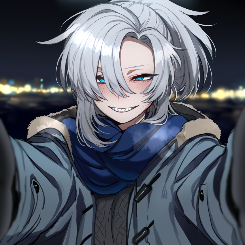 1girl absurdres blue_coat blue_eyes blue_scarf blurry blurry_background blush breath coat commentary duffel_coat english_commentary fur-trimmed_coat fur-trimmed_hood fur_trim gills grey_hair grey_sweater grin hair_between_eyes highres hood hood_down looking_at_viewer meme open_clothes open_coat original outdoors photoshop_(medium) ponytail pov pov_cheek_warming_(meme) ratatatat74 reaching reaching_towards_viewer scarf shark_girl sharp_teeth smile solo sweater teeth toggles winter_clothes winter_coat