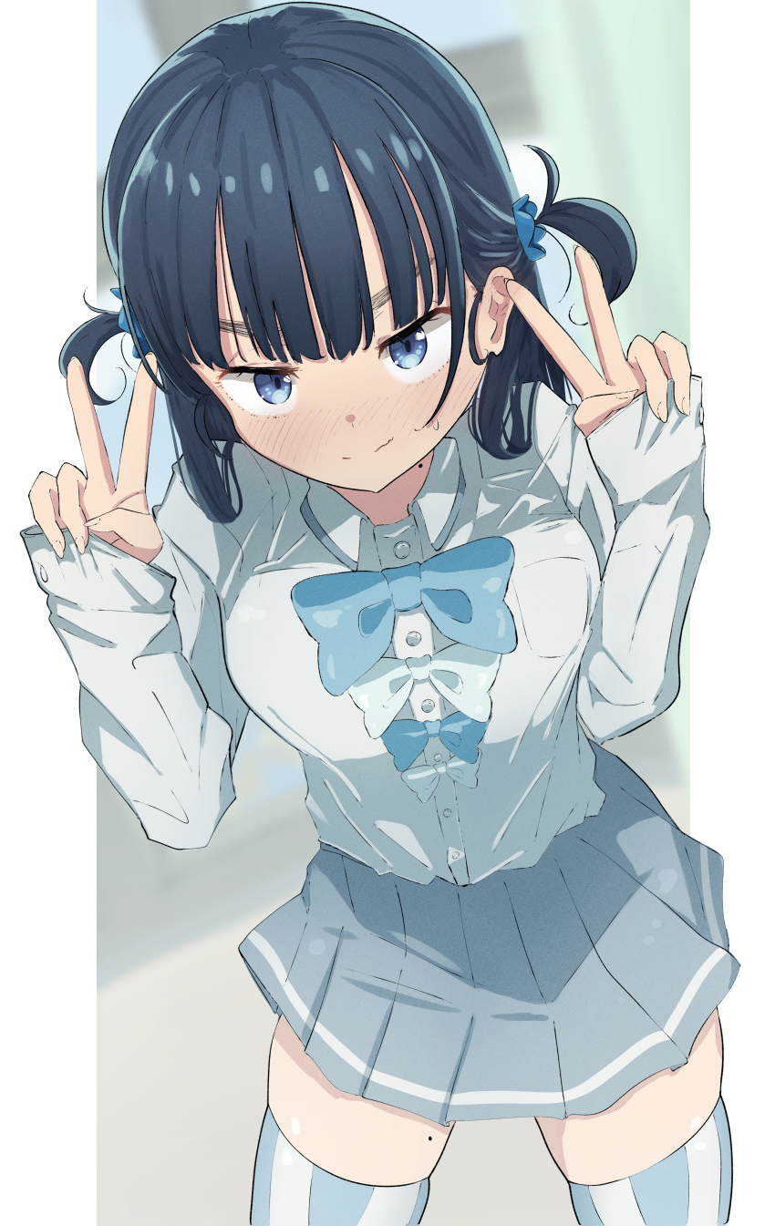 1girl absurdres basori_tiara blue_bow blue_bowtie blue_eyes blue_hair blush bow bowtie buttons collared_shirt commentary cowboy_shot curtains double_v english_commentary grey_skirt highres indoors long_hair long_sleeves looking_at_viewer make_heroine_ga_oo_sugiru! mole mole_on_neck mole_on_thigh pleated_skirt ric_(ric_rkgk) school_uniform shirt skirt smile solo striped_clothes striped_thighhighs sweatdrop thighhighs tsuwabuki_high_school_uniform two_side_up v vertical-striped_clothes vertical-striped_thighhighs