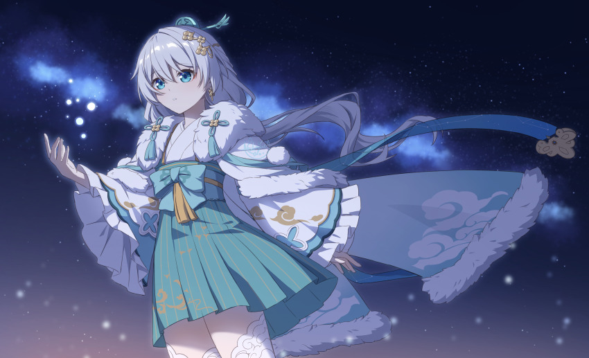 1girl absurdres aqua_bow aqua_bowtie aqua_skirt blue_eyes bow bowtie chinese_commentary commentary_request cowboy_shot hair_ornament hand_up high-waist_skirt highres honkai_(series) honkai_impact_3rd light_particles long_hair long_sleeves luyue nebula parted_lips shirt skirt solo theresa_apocalypse thighs white_hair white_shirt wide_sleeves zhuge_kongming_(honkai_impact)