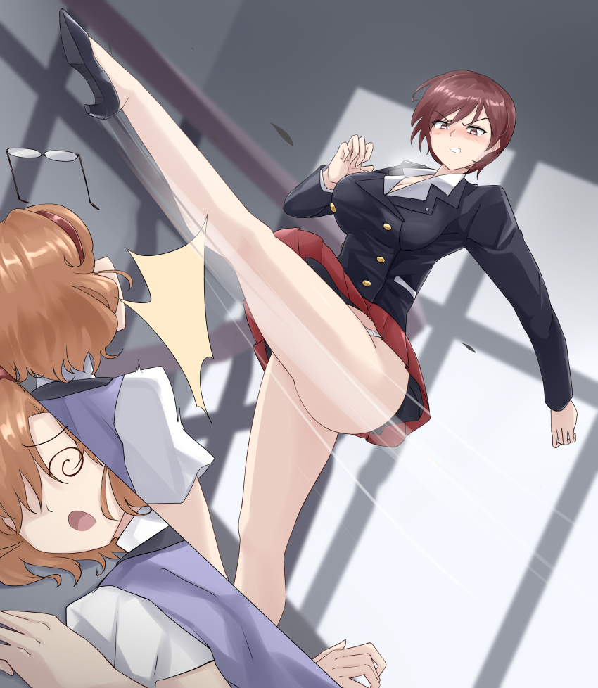 absurdres agent_aika aida_rion aika_(series) angry ass black_delmo blazer breasts brown_hair buttons closed_eyes commentary_request commission defeat delmogeny_uniform hairband highres indoors jacket kicking long_sleeves medium_breasts open_mouth orange_hair panties pantyshot pixiv_commission pleated_skirt red_hair red_skirt shirt short_hair sin_(pixiv17875500) skirt stairs underwear vest white_panties