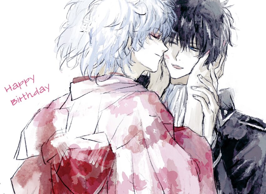 2boys black_hair blue_eyes gintama hands_on_another&#039;s_face happy_birthday highres hijikata_toushirou japanese_clothes kimono lipstick_mark lushu_kuye medium_hair multiple_boys one_eye_closed pink_kimono sakata_gintoki short_hair trap white_hair yaoi