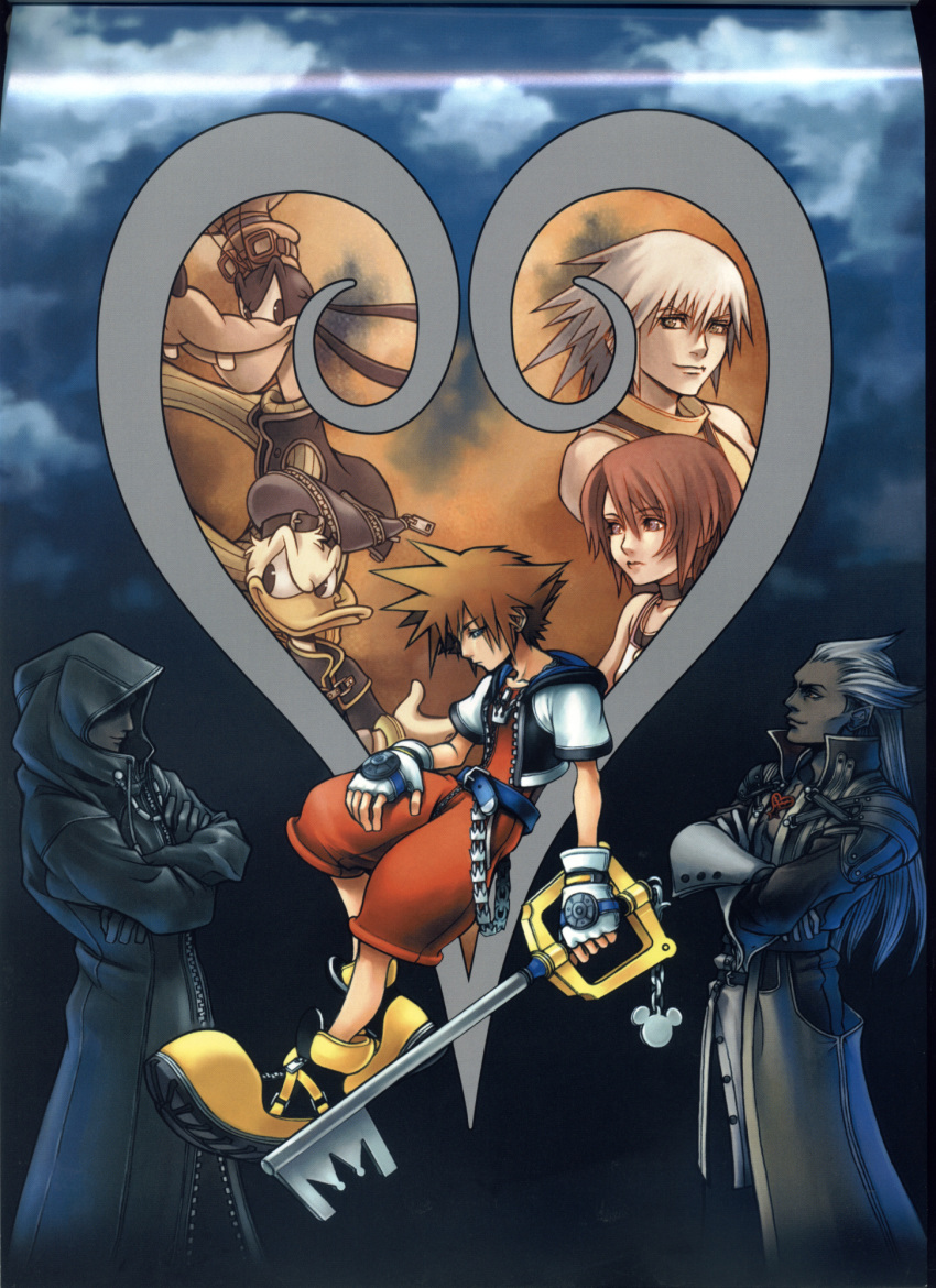 1girl 6+boys ansem ansem_seeker_of_darkness black_coat_(kingdom_hearts) disney donald_duck everyone furry goofy highres kairi_(kingdom_hearts) kairi_(shery_rakuura) keyblade kingdom_hearts kingdom_hearts_i multiple_boys nomura_tetsuya official_art organization_xiii riku_(kingdom_hearts) scan scan_artifacts sora_(kingdom_hearts) xehanort&#039;s_heartless xemnas