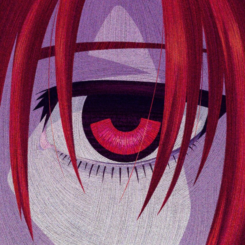 1girl close-up commentary cryptidhermit derivative_work elfen_lied english_commentary eye_focus eyelashes highres long_hair looking_at_viewer lucy_(elfen_lied) red_eyes red_hair screenshot_redraw solo