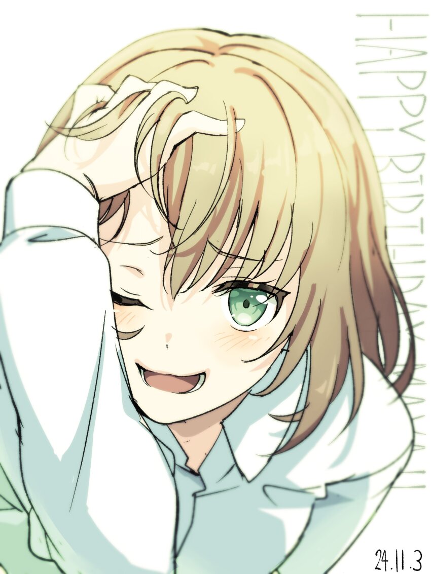 1girl ;d absurdres bang_dream! blush brown_hair dated green_eyes happy_birthday highres looking_at_viewer nobusawa_osamu one_eye_closed open_mouth shirt short_hair simple_background smile solo white_background white_shirt yamato_maya