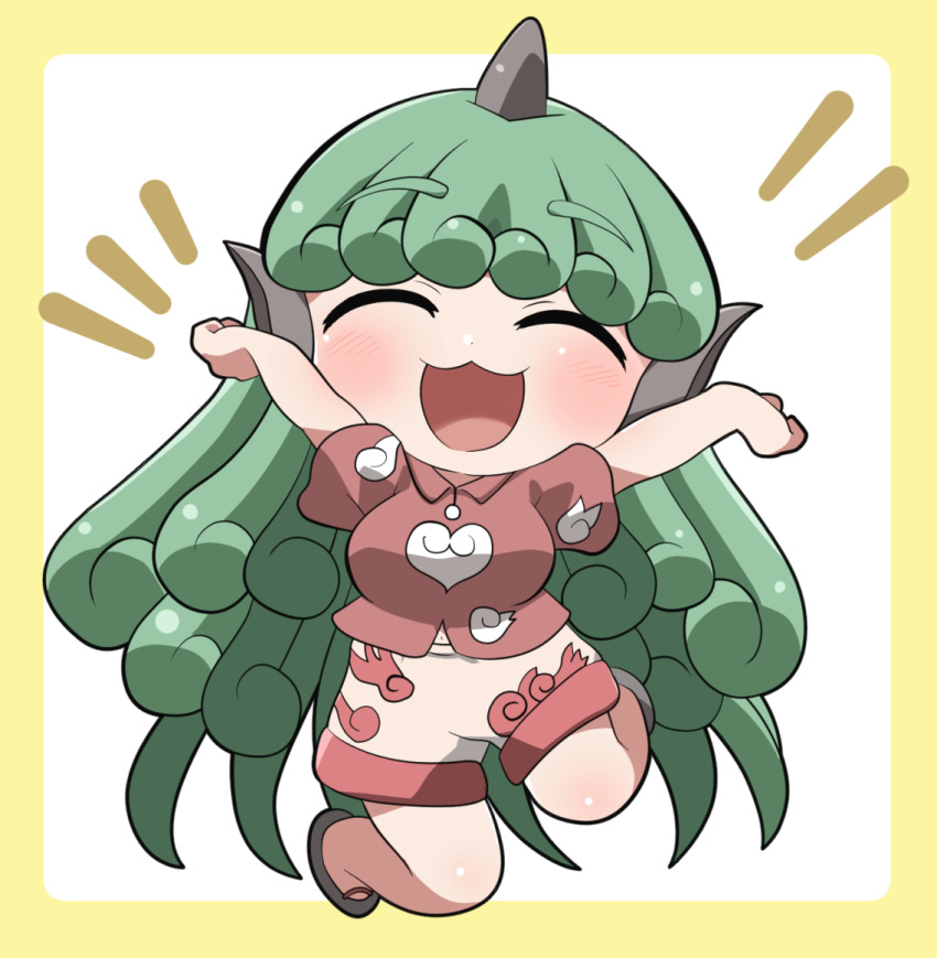 1girl :3 :d ^_^ blush border brown_sandals chibi chibi_only closed_eyes collared_shirt commentary_request facing_viewer full_body green_hair horns kariyushi_shirt komainu_ears komainu_girl komano_aunn long_hair notice_lines open_mouth outside_border outstretched_arms red_shirt rokugou_daisuke sandals shirt short_sleeves shorts signature simple_background single_horn smile solo touhou wavy_hair white_background white_shorts yellow_border