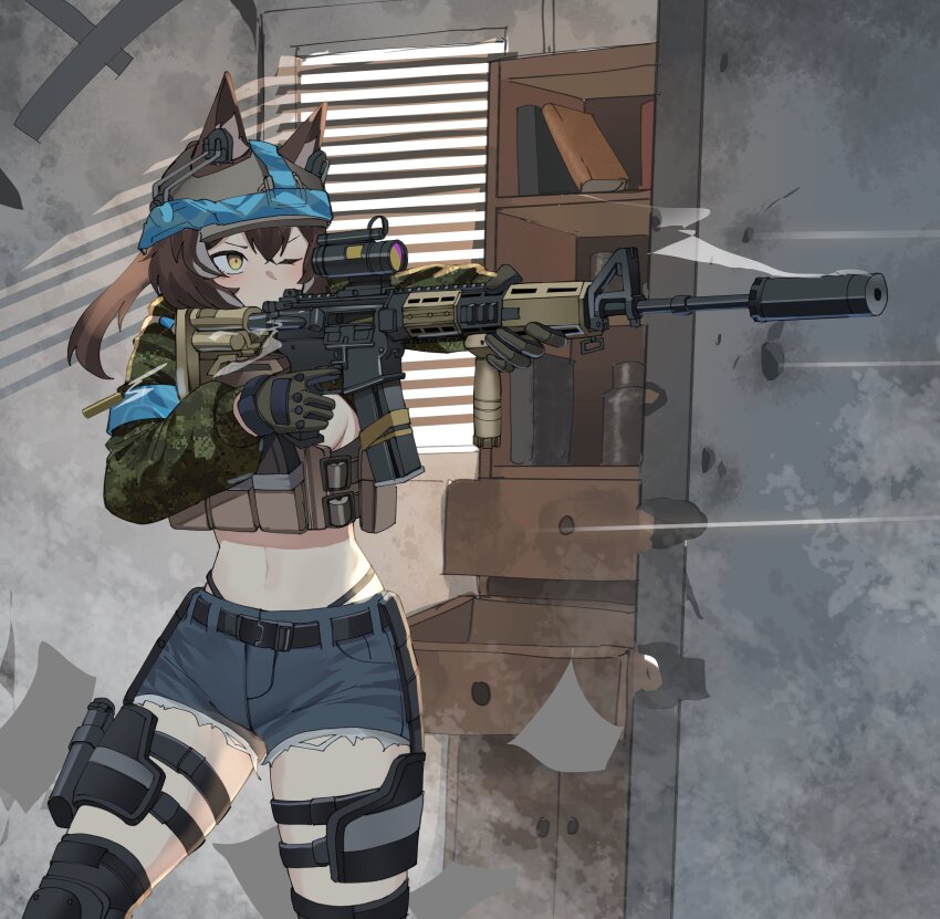 1girl absurdres animal_ears armband blue_armband brown_hair bulletproof_vest cadpat callisto_(greyeth) camouflage close-quarters_combat colt_canada_c7 combat_helmet commission denim denim_shorts digital_camouflage fox_ears gar32 gun helmet highres holding holding_gun holding_weapon holster load_bearing_vest original shorts suppressor thigh_holster vertical_foregrip weapon