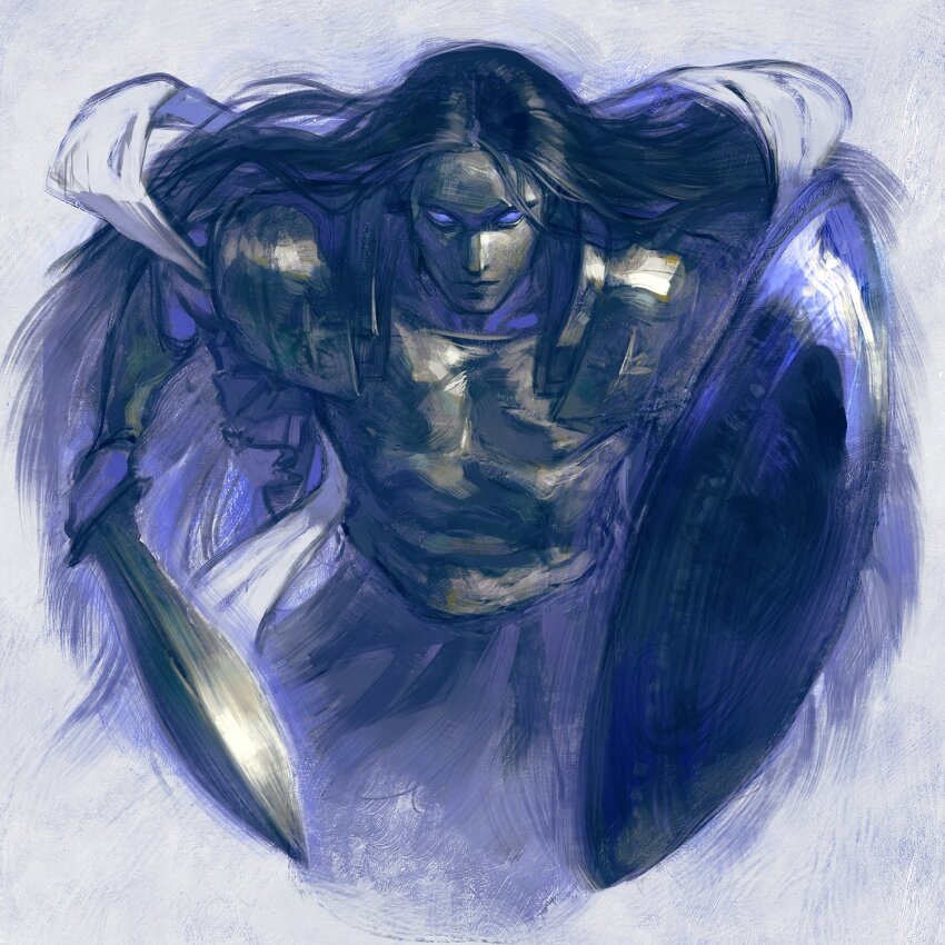 1girl arm_shield armor black_hair blue_eyes character_request check_character clipeus commentary cropped_legs cuirass english_commentary faceplate gladius greco-roman_clothes highres holding holding_sword holding_weapon long_hair nat_the_lich original pandora_acherona_(nat_the_lich) parted_hair pteruges shield simple_background solo straight_hair sword upper_body weapon white_background