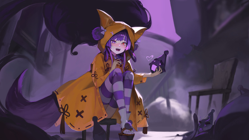 1girl absurdres animal_ear_hood bright_pupils coat commentary commentary_request creature english_commentary eoseoosio fake_animal_ears fangs fox_girl fox_tail full_body glowing glowing_eyes glowing_mouth hands_up heart heterochromia highres holding holding_creature hood horror_(theme) inari_(tenko_shibuki) knees_up korean_commentary long_sleeves looking_at_viewer mixed-language_commentary on_stool open_mouth purple_eyes purple_tail purple_theme raincoat red_eyes sitting solo stellive striped_clothes striped_thighhighs tail tenko_shibuki thighhighs virtual_youtuber white_pupils yellow_coat yellow_raincoat
