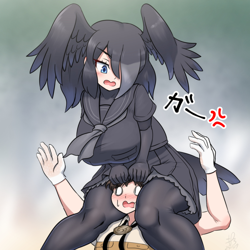 1boy 1girl bird_girl bird_tail bird_wings black_gloves black_hair black_necktie black_pantyhose black_shirt black_shoes black_skirt black_socks blue_eyes blush brown_hair captain_(kemono_friends) carrying carrying_person elbow_gloves extra_ears frilled_skirt frills full_body gloves hair_over_one_eye hands_on_another&#039;s_head head_wings highres kemono_friends kemono_friends_3 loafers looking_at_another loose_socks mo23 necktie open_mouth pantyhose piggyback pleated_skirt sailor_collar school_uniform serafuku shirt shoes short_hair short_sleeves shoulder_carry sitting_on_shoulder skirt socks solo t-shirt tail thick_thighs thighs wings