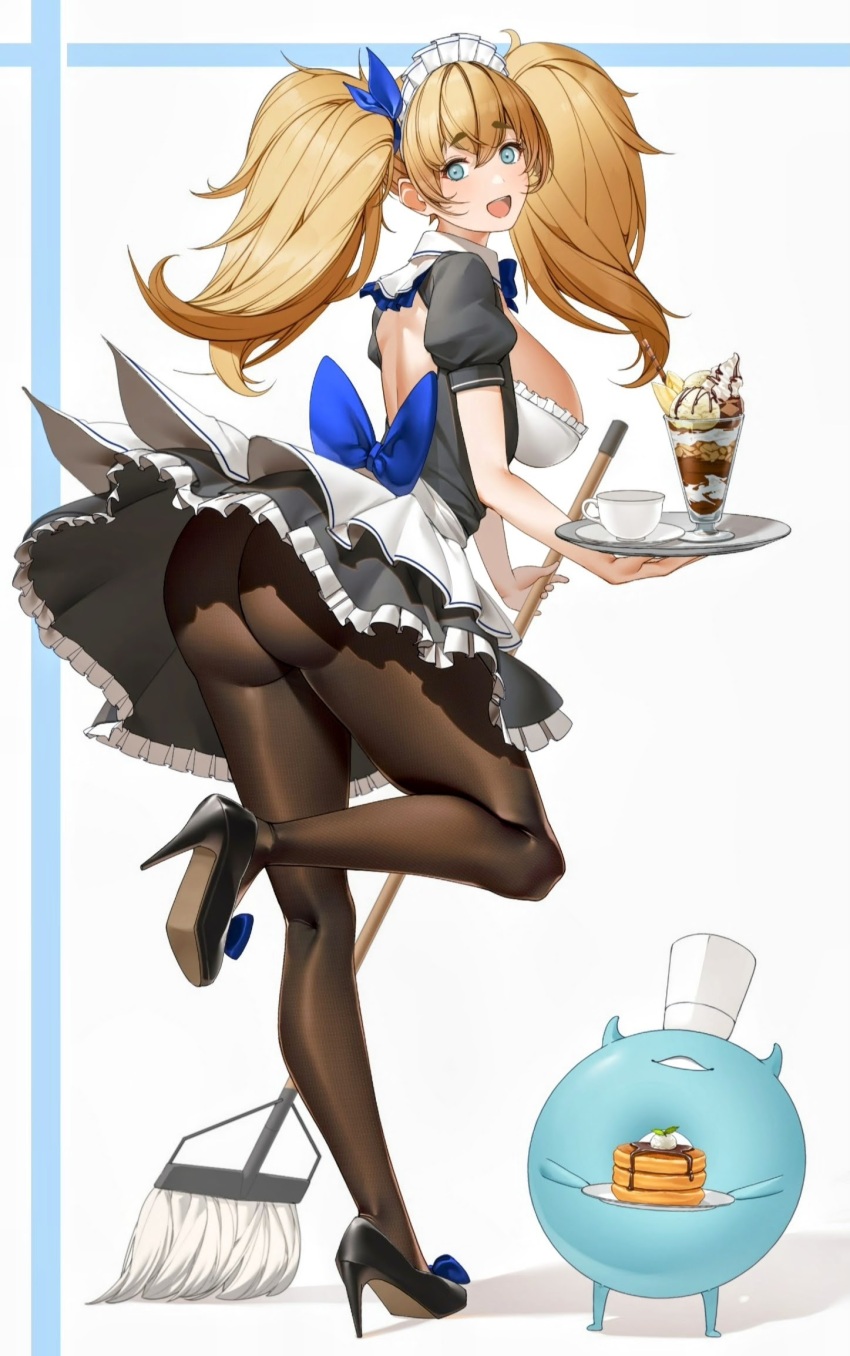 1girl abyssal_ship alternate_costume ass black_dress black_high_heels black_pantyhose blonde_hair blue_eyes breasts broom dress enemy_lifebuoy_(kancolle) enmaided frilled_dress frills gambier_bay_(kancolle) hair_between_eyes highres holding holding_broom holding_tray kantai_collection large_breasts long_hair looking_at_viewer maid maid_headdress mokuren_(mozukukirai88) open_mouth pantyhose puffy_short_sleeves puffy_sleeves short_dress short_sleeves tray twintails