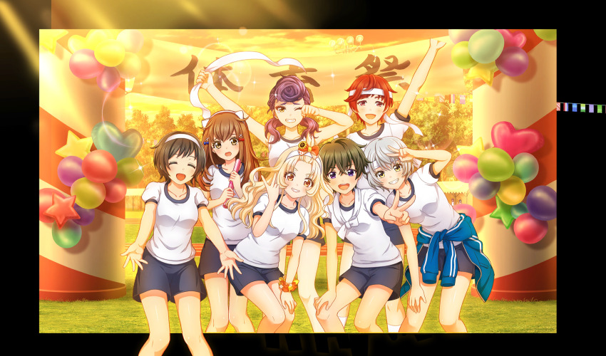 6+girls :d ^_^ aisaka_koko arm_up asahina_iroha balloon bangs_pinned_back black_bow black_hair black_shorts blonde_hair blue_bow bow brown_eyes brown_hair cinderella_series closed_eyes clothes_around_waist crossed_bangs evening feet_out_of_frame game_cg green_hair grin gym_shirt hachigatsu_no_cinderella_nine hachimaki hair_bow hair_ornament hand_on_own_knee headband heart_balloon highres holding_relay_baton inward_v izumida_kyouka jacket jacket_around_waist kawakita_tomoe lens_flare light_rays long_hair looking_at_viewer low_twintails multiple_girls non-web_source official_art on_grass one_eye_closed open_mouth orange_bow orange_eyes orange_sky outdoors outstretched_arm pompadour purple_eyes purple_hair red_bow red_eyes red_hair ribbon scrunchie senba_ayako shirt short_hair short_sleeves shorts sky smile socks sparkle sports_festival standing star_balloon sunbeam sunlight taketomi_aya teeth tree twintails ukita_akane v wavy_hair white_hair white_ribbon white_shirt white_socks wrist_scrunchie yellow_eyes