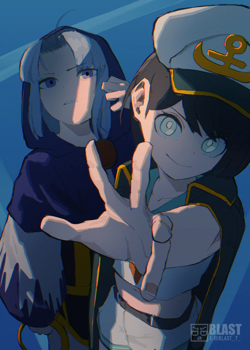 2girls absurdres anchor_symbol black_coat black_hair blast-7 blue_eyes blue_hair closed_mouth coat green_eyes hat highres holding holding_hoop hood hood_up hoop kumoi_ichirin multiple_girls murasa_minamitsu navel nun open_mouth peaked_cap sailor_collar sailor_shirt shirt short_hair shorts smile touhou white_headwear white_shorts