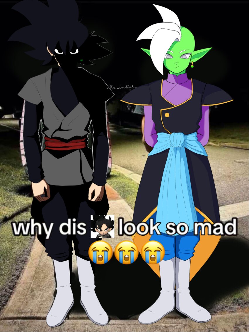 2boys absurdres baggy_pants black_bodysuit black_eyes black_hair blue_pants blue_sash bodysuit boots colored_skin dougi dragon_ball dragon_ball_super earrings goku_black gokublackirl green_skin grey_eyes hand_on_own_face highres jewelry long_sleeves looking_at_viewer mohawk multiple_boys obscured_face pants photo-referenced pointy_ears potara_earrings purple_shirt saiyan sash shaded_face shirt short_hair smile white_footwear white_hair why_dis_ninja_look_so_mad_(meme) zamasu