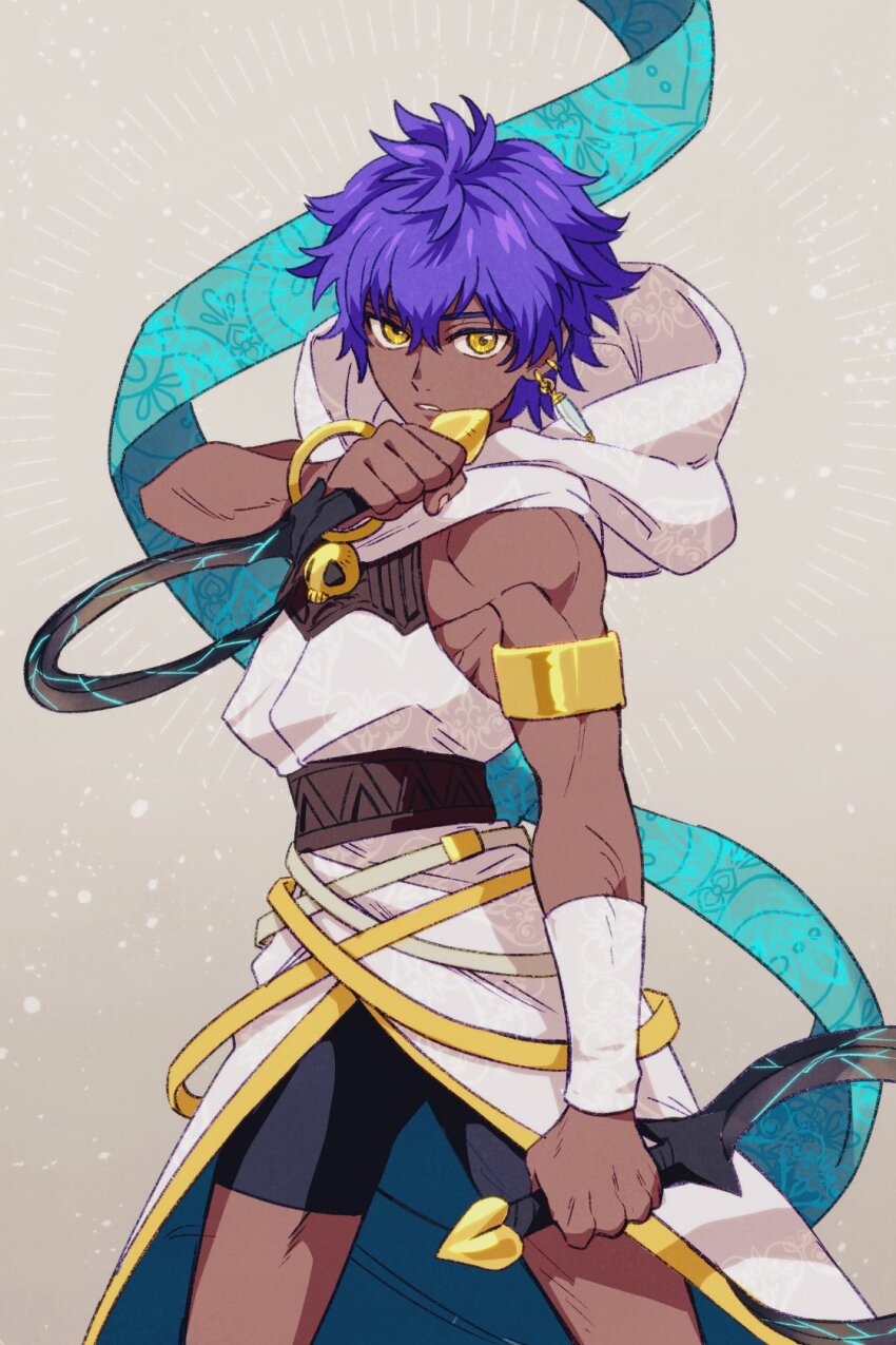 1boy armlet black_shorts dark-skinned_male dark_skin dual_wielding earrings fate/grand_order fate_(series) hassan_of_the_shining_star_(fate) highres holding hood jewelry male_focus purple_hair reverse_grip sashikomi shorts sickle yellow_eyes
