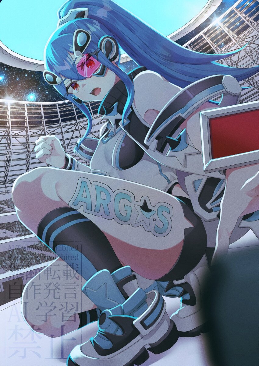 1girl argostars_-_glorious_adra audience bare_shoulders black_shoes blue_eyes blurry blurry_background blurry_foreground breasts duel_monster film_grain high_ponytail highres leg_tattoo long_hair missing_commentary open_mouth pink-tinted_eyewear pinyata_(pinyaland) ponytail red_eyes scouter shirt shoes small_breasts solo tattoo tinted_eyewear white_shirt white_shoes yu-gi-oh!