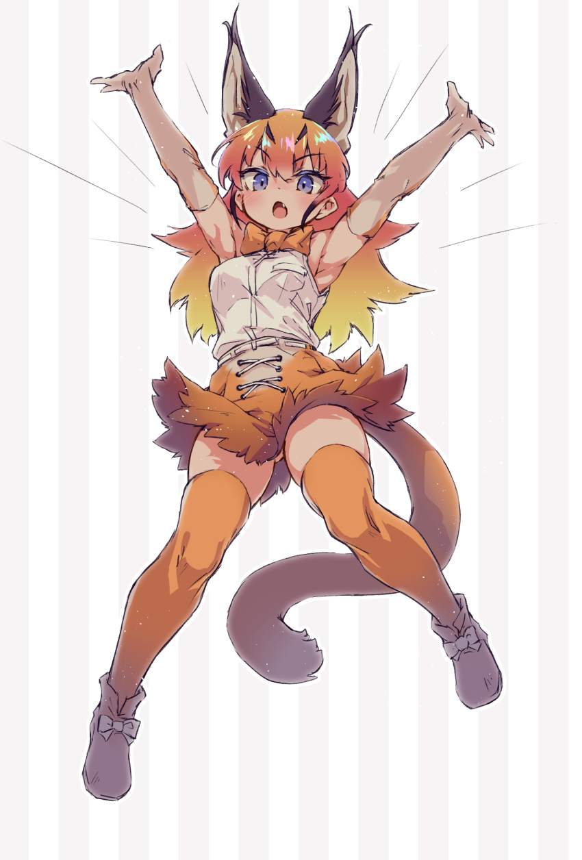 1girl animal_ears arms_up bare_shoulders black_hair blue_eyes blush boots bow bowtie caracal_(kemono_friends) cat_ears cat_girl cat_tail elbow_gloves extra_ears fang footwear_bow frilled_skirt frills full_body gloves hair_between_eyes high-waist_skirt highres kemono_friends kolshica looking_at_viewer multicolored_hair open_mouth orange_bow orange_bowtie orange_hair orange_skirt orange_thighhighs shirt sidelocks skirt sleeveless solo tail thighhighs two-tone_skirt white_boots white_gloves white_shirt white_skirt zettai_ryouiki
