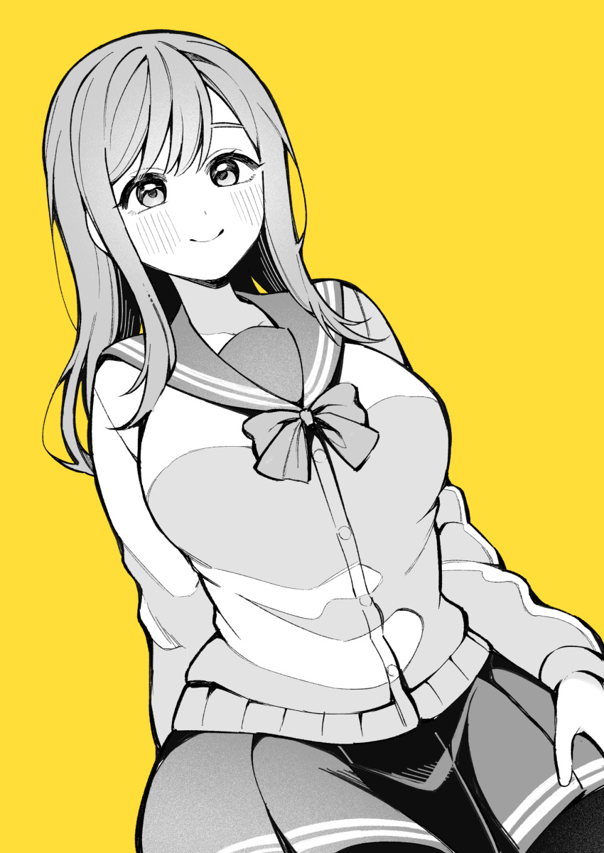 1girl blush bow bowtie breasts cardigan closed_mouth collarbone commentary_request cowboy_shot greyscale_with_colored_background harumachi_uro highres kunikida_hanamaru large_breasts long_hair love_live! love_live!_sunshine!! miniskirt pantyhose pleated_skirt sailor_collar school_uniform skirt smile solo swept_bangs uranohoshi_school_uniform winter_uniform yellow_background