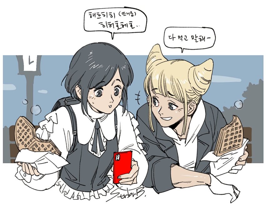 2girls backpack bag collared_shirt commentary_request cone_hair_bun cropped_torso double_bun food frilled_shirt frilled_sleeves frills fukurai_azami gloves hair_bun holding holding_phone hood hood_down ichigo_beeru korean_commentary korean_text long_sleeves looking_at_another multiple_girls partially_fingerless_gloves phone shirt short_hair signature smile speech_bubble tomarigi_yasumi toshi_densetsu_kaitai_center upper_body