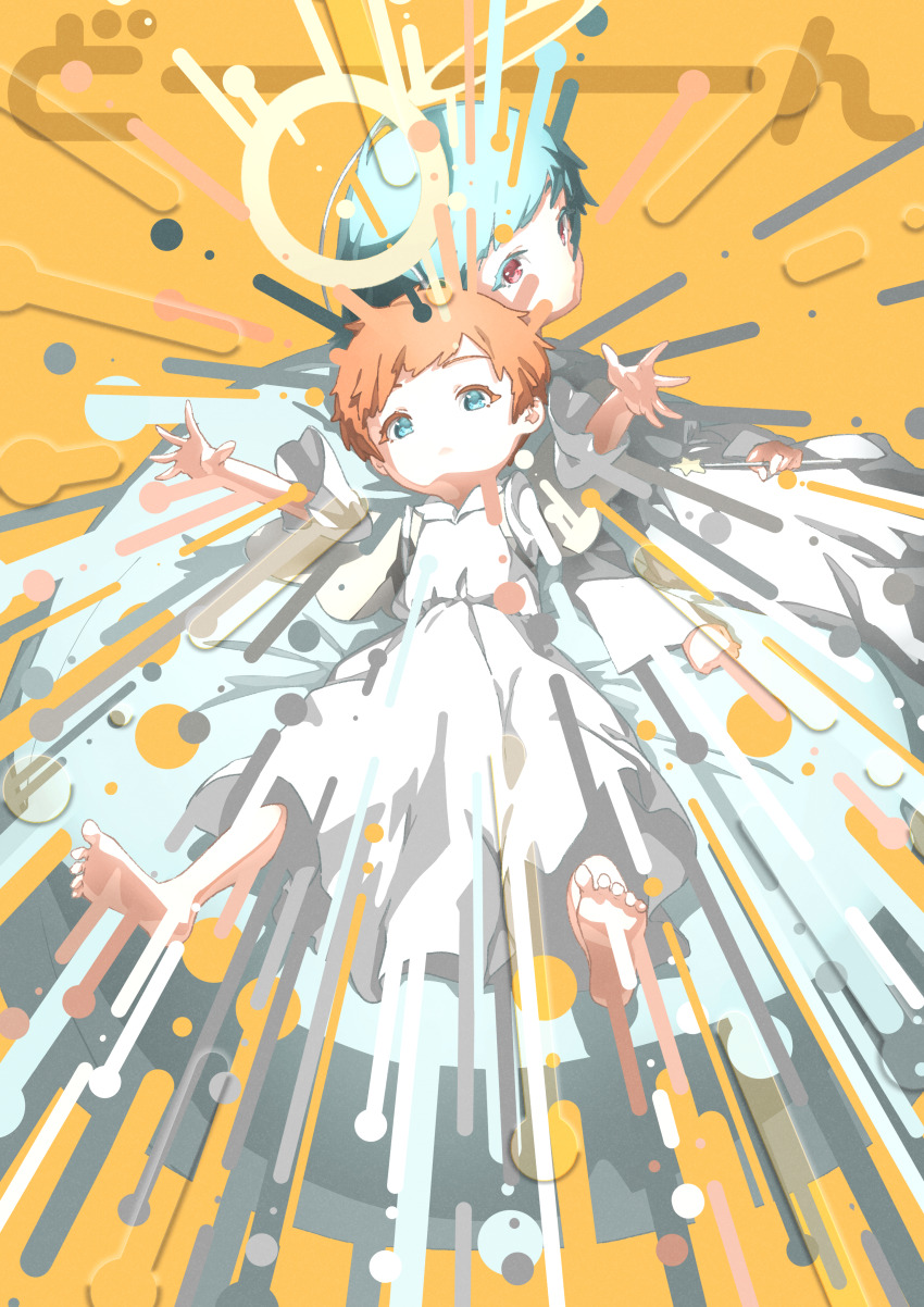 2girls absurdres barefoot blue_eyes blue_hair child closed_mouth commentary_request dress expressionless halo highres looking_at_viewer multiple_girls nico-tine orange_background orange_hair original outstretched_arms red_eyes short_hair short_sleeves simple_background toes white_dress wings