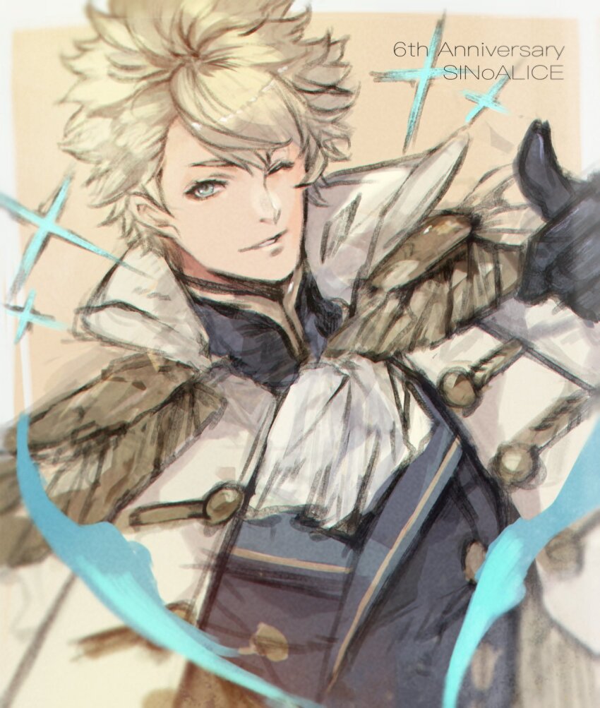 1boy aladdin_(sinoalice) aqua_eyes ascot asymmetrical_bangs aura bad_id bad_tumblr_id black_gloves blonde_hair english_text gloves highres looking_at_viewer male_focus military_uniform one_eye_closed owalioli parted_lips short_hair shoulder_pads simple_background sinoalice sketch solo