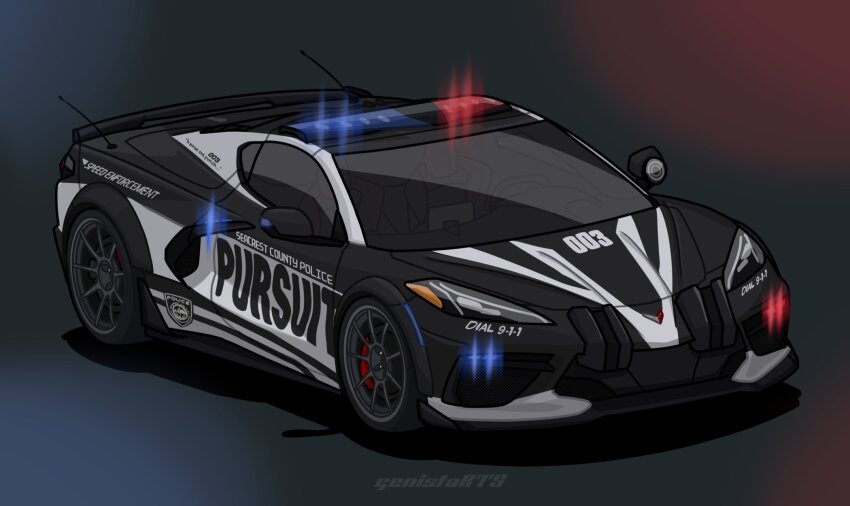 artist_name car chevrolet chevrolet_corvette chevrolet_corvette_c8 commentary english_commentary highres mei_(genistarts) motor_vehicle need_for_speed need_for_speed:_hot_pursuit_(2010) no_humans police_car radio_antenna shadow sports_car vehicle_focus