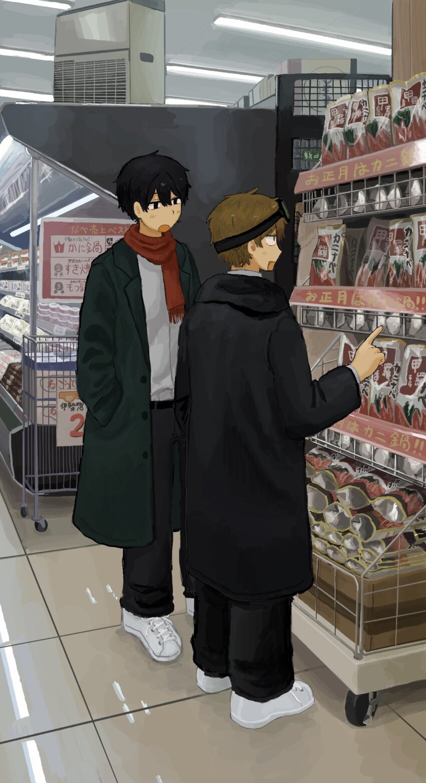 2boys black_eyes black_hair black_pants brown_hair ceiling_light coat floor goggles goggles_on_head green_coat hair_between_eyes hands_in_pockets highres indoors lapels male_focus multiple_boys nekono_09 open_mouth original pants reflective_floor shirt shoes short_hair standing supermarket white_shirt white_shoes