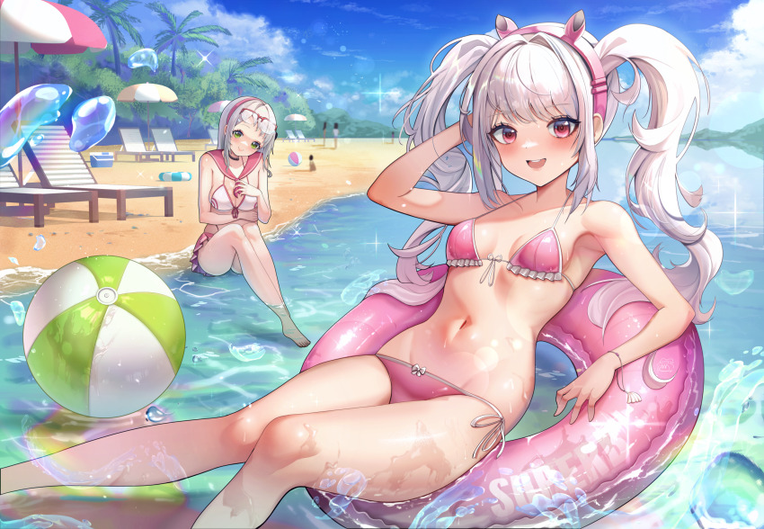 2girls :d alice_(nikke) animal_ear_headphones animal_ears arm_up armpits ball bare_shoulders barefoot beach beach_chair beach_umbrella beachball bikini bikini_skirt black_choker blue_sky blush breasts choker cleavage closed_mouth cloud collarbone commentary day english_commentary eyewear_on_head fake_animal_ears front-tie_bikini_top front-tie_top full_body glasses goddess_of_victory:_nikke green_eyes hair_between_eyes hairband headphones highleg highleg_bikini highres long_hair looking_at_viewer maridix medium_breasts multiple_girls navel neon_(blue_ocean)_(nikke) neon_(nikke) ocean official_alternate_costume on_innertube open_mouth outdoors over-rim_eyewear pink_bikini pink_eyes pink_hairband pink_innertube pink_sailor_collar sailor_collar semi-rimless_eyewear shadow side-tie_bikini_bottom sidelocks sitting sky small_breasts smile soaking_feet sparkle stomach summer swimsuit twintails umbrella white_bikini white_hair