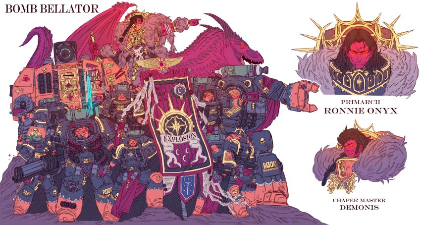 6+boys absurdres adeptus_astartes aquila_(symbol) armor assault_cannon banner bat_wings black_hair bolter colored_skin dreadnought_(warhammer_40k) english_text fur-trimmed_armor fur_trim glowing glowing_eyes helmet highres holding_banner loincloth multiple_boys original pauldrons power_armor power_sword primarch purity_seal red_skin rotary_cannon salamander_(popo51332877) shoulder_armor storm_bolter tail terminator_armor warhammer_40k weapon wings
