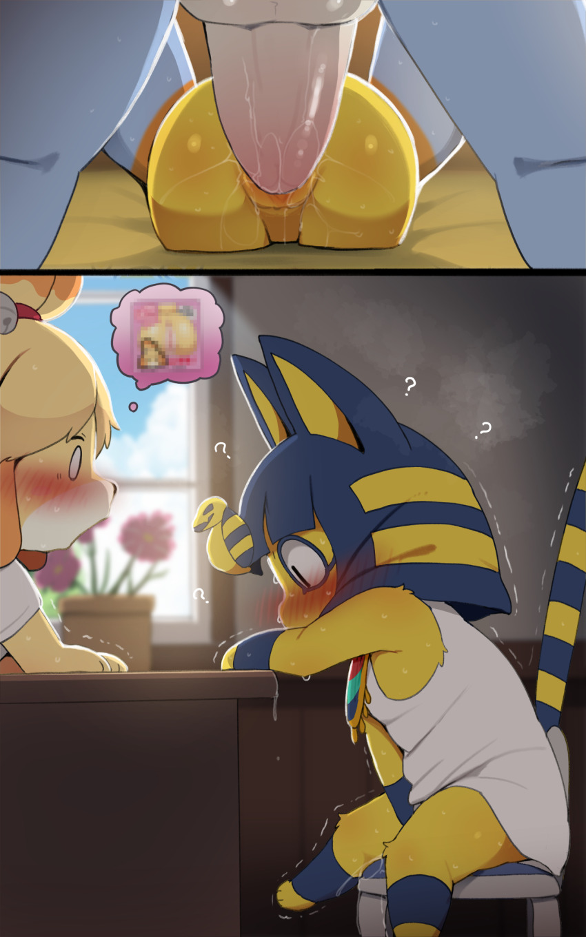 1boy 2girls ? animal_crossing animal_ears ankha_(animal_crossing) artificial_vagina_with_body ass between_legs black_eyes blonde_hair blue_fur blush body_fur cat_ears cat_girl cat_tail character_request dagasi dog_girl dress furry furry_female furry_male hand_between_legs hetero highres interspecies isabelle_(animal_crossing) multiple_girls nintendo penis pussy sex sitting sleeveless sleeveless_dress sweat tail telepathic_sex testicles translation_request trembling uncensored uncommon_stimulation white_dress yellow_fur