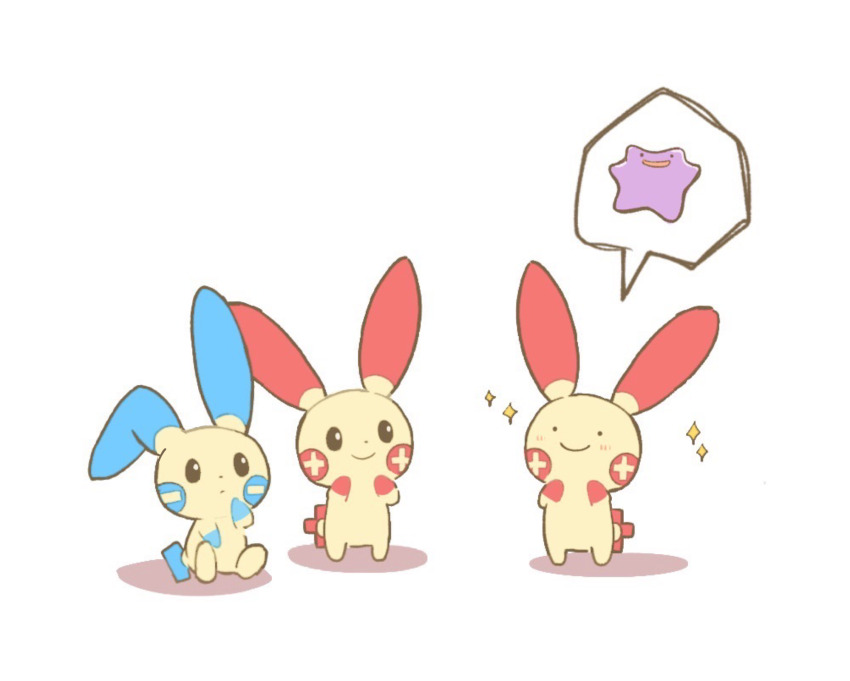 black_eyes blush chya_dan_go12 closed_mouth commentary_request ditto gen_1_pokemon gen_3_pokemon highres minun nintendo no_humans plusle pokemon pokemon_(creature) sitting smile sparkle spoken_character standing transformed_ditto white_background