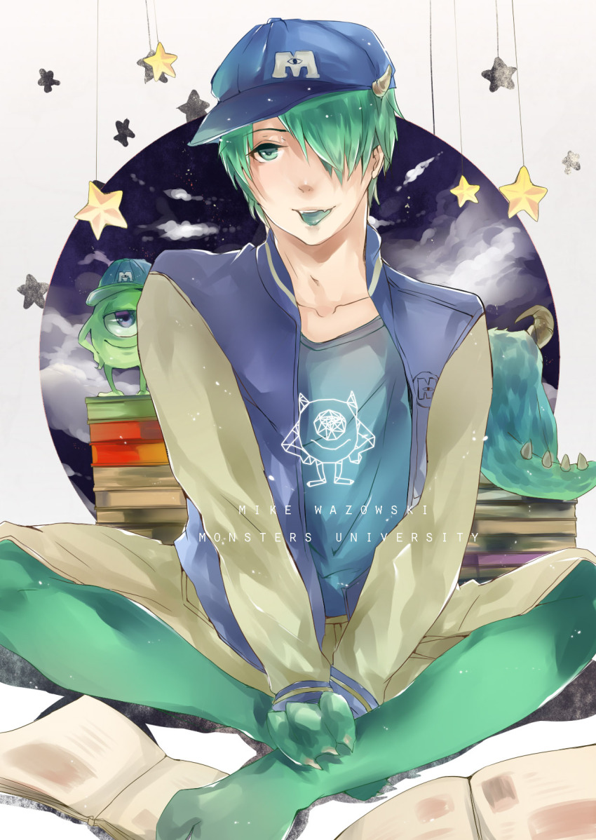 animification character_doll cyclops green_eyes green_hair hair_over_one_eye hat highres horns james_p._sullivan ling6927 male_focus mike_wazowski monsters_inc. one-eyed open_mouth personification shirt short_hair smile sweater_vest teeth white_sweater_vest