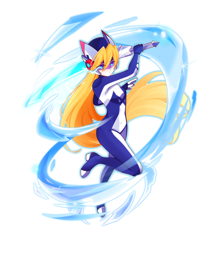 1girl absurdres aizeis alternate_costume alternate_hairstyle attack blonde_hair bodystocking boots breasts ciel_(mega_man) commission commissioner_upload covered_navel elbow_gloves energy_sword fighting_stance gloves glowing glowing_eyes hair_down helmet high_heels highres jumping long_bangs long_hair looking_at_viewer mechanical_ears mega_man_(series) mega_man_zero_(series) mega_man_zx model_z_(mega_man) no_armor non-web_source petite shorts slashing small_breasts spinning sword thighs weapon