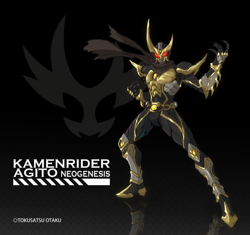 1boy altering_(agito) armor asymmetrical_horns bracelet clenched_hand rider_belt fighting_stance gauntlets gold_armor gold_horns highres horns jewelry kamen_rider kamen_rider_agito kamen_rider_agito_(series) male_focus open_hand power_armor redesign rider_belt scarf spiked_bracelet spikes spread_legs stag_beetle tokusatsu zph1054386343