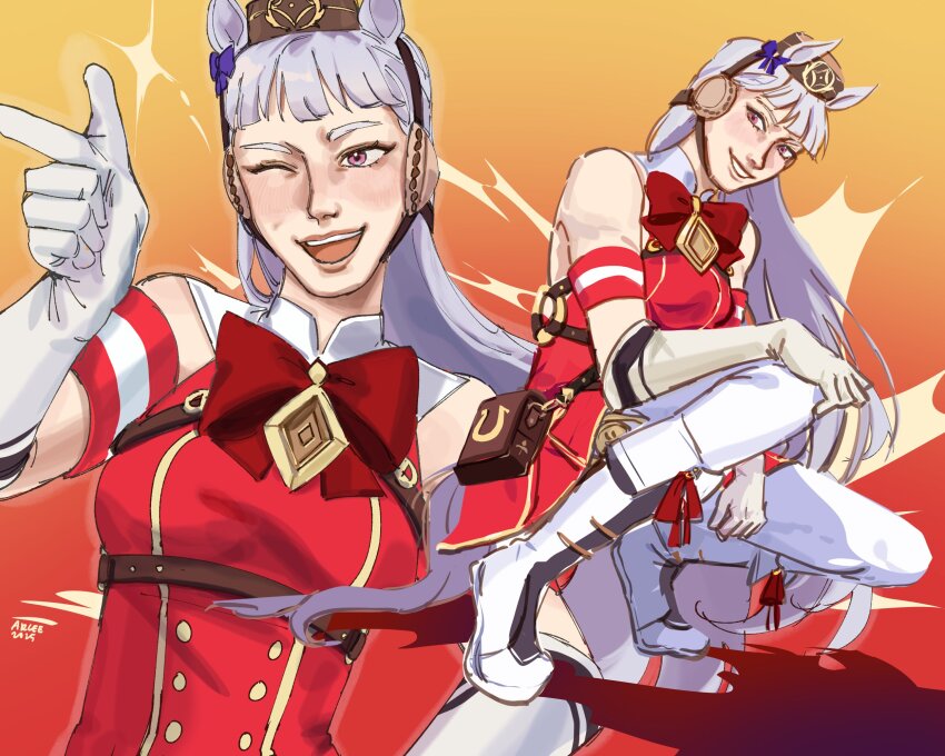 1girl animal_ears armband bare_shoulders belt belt_pouch blunt_bangs boots bow commentary cryptidsock dress ear_bow ear_covers ear_ribbon finger_gun gloves gold_ship_(umamusume) highres horse_ears horse_girl horse_tail horseshoe_ornament long_hair multiple_views o-ring one_eye_closed pants pillbox_hat pointing pouch purple_eyes red_background red_bow red_dress simple_background sleeveless sleeveless_dress smile sparkle squatting tail umamusume white_boots white_gloves white_hair white_pants