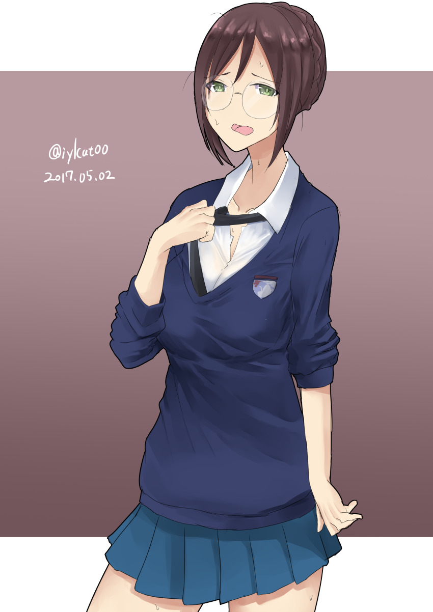 1girl absurdres black_necktie blue_skirt blue_sweater brown_background brown_hair clothes_grab collarbone collared_shirt dress_shirt girls_und_panzer glasses green_eyes highres irukatto long_sleeves miniskirt necktie necktie_grab neckwear_grab nilgiri_(girls_und_panzer) pantyhose partially_unbuttoned pleated_skirt round_eyewear school_uniform shirt signature skirt sleeves_rolled_up st._gloriana&#039;s_school_uniform sweatdrop sweater unworn_pantyhose white_shirt