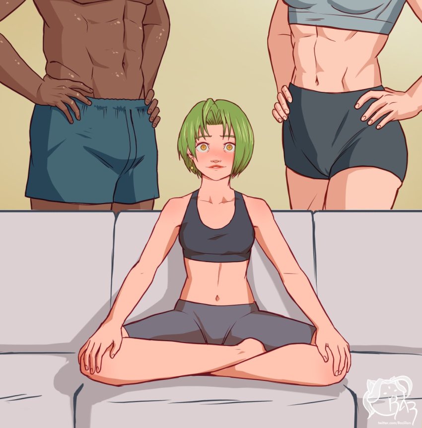 1boy 2girls abs armchair barefoot belly bisexual_female blush brown_eyes chair couch dark-skinned_male dark_skin excited facing_viewer green_hair head_out_of_frame indian_style indoors looking_at_viewer midriff multiple_girls muscular muscular_female navel nervous nervous_smile on_couch razillon ryumivt short_hair shorts signature sitting smile sports_bra sportswear standing twitch virtual_youtuber yellow_eyes youtube