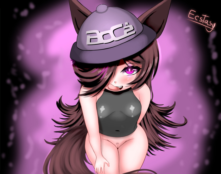 1girl animal_ears artist_name bent_over black_shirt blush bottomless breasts brown_hair clothes_lift come_hither cowboy_shot ecstasy_(icyblue) female_focus glowing glowing_eyes hair_over_one_eye hat highres horse_ears horse_girl horse_tail leaning_forward licking_lips loli long_bangs long_hair looking_at_viewer miniskirt naughty_face navel no_bra partially_visible_vulva pubic_hair purple_eyes pussy rice_shower_(boc&#039;z)_(umamusume) rice_shower_(umamusume) shirt signature skin_tight skindentation skirt sleeveless sleeveless_shirt small_breasts smile solo spiked_hair tail thick_thighs thighs tight_clothes tongue tongue_out umamusume very_long_hair