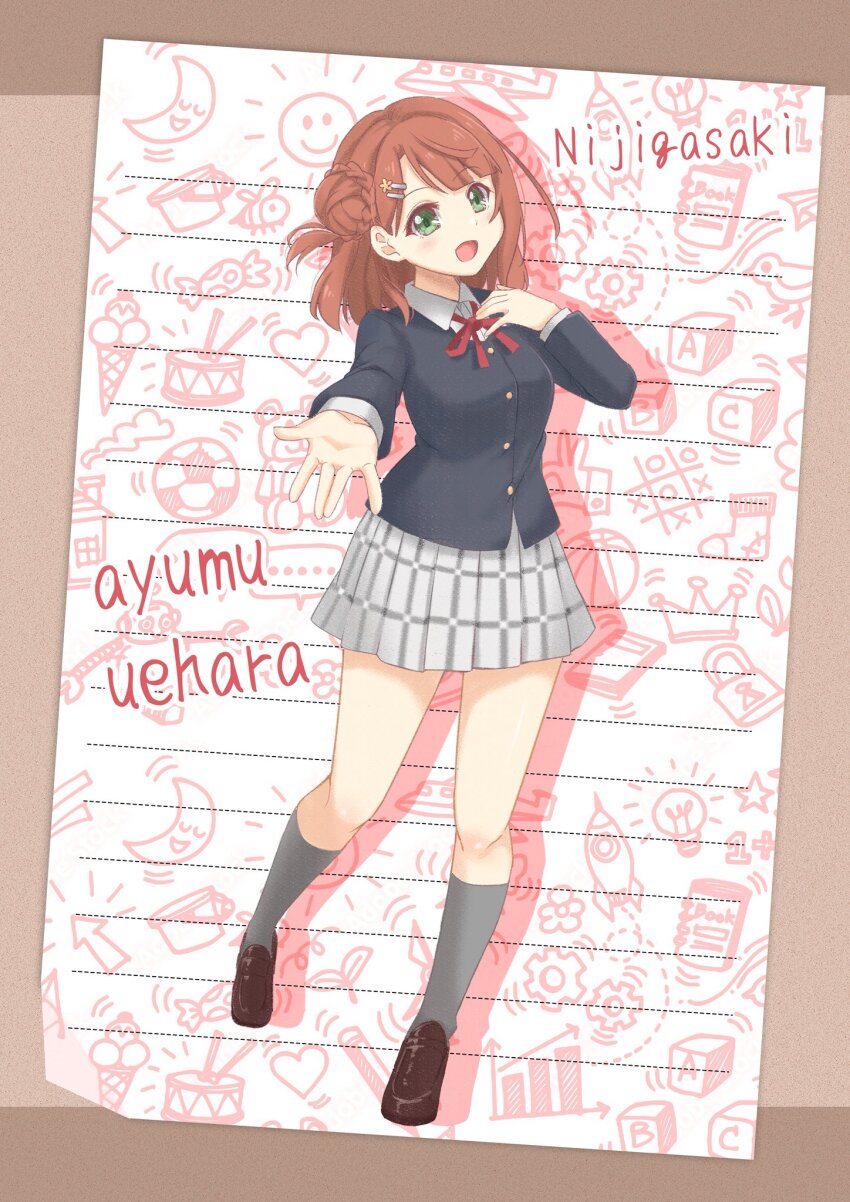 1girl :d \||/ black_jacket border breasts brown_border brown_hair brown_shoes bun_with_braided_base collared_shirt commentary_request dress_shirt full_body green_eyes grey_skirt grey_socks hair_bun hair_ornament hairclip highres jacket lined_paper loafers long_hair long_sleeves looking_at_viewer love_live! love_live!_nijigasaki_high_school_idol_club matsurugi_tsukasa medium_breasts medium_hair miniskirt neck_ribbon nijigasaki_school_uniform open_mouth outstretched_arm parallel_hairclips plaid_clothes plaid_skirt pleated_skirt red_ribbon ribbon school_uniform shirt shoes single_side_bun skirt smile socks solo uehara_ayumu white_shirt