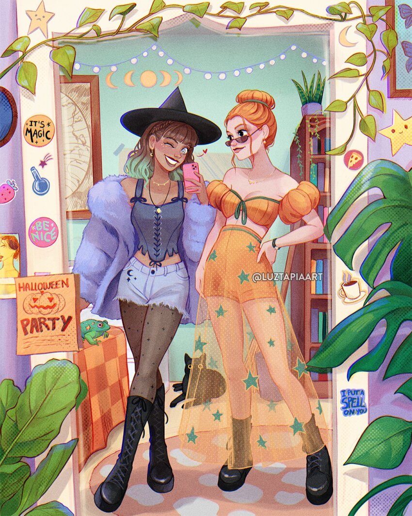 2girls artist_name black_boots black_cat black_hat blue_coat blue_shorts boots brown_hair brown_pantyhose cat cellphone coat denim denim_shorts frog fur_coat green_eyes green_hair hat highres holding holding_phone indoors leaf luztapiaart multicolored_hair multiple_girls one_eye_closed open_clothes open_coat orange_hair orange_shorts orange_skirt original pantyhose peyton_(luztapiaart) phone roya_(luztapiaart) see-through_clothes see-through_skirt short_shorts shorts skirt smartphone standing sunglasses two-tone_hair watermark witch_hat
