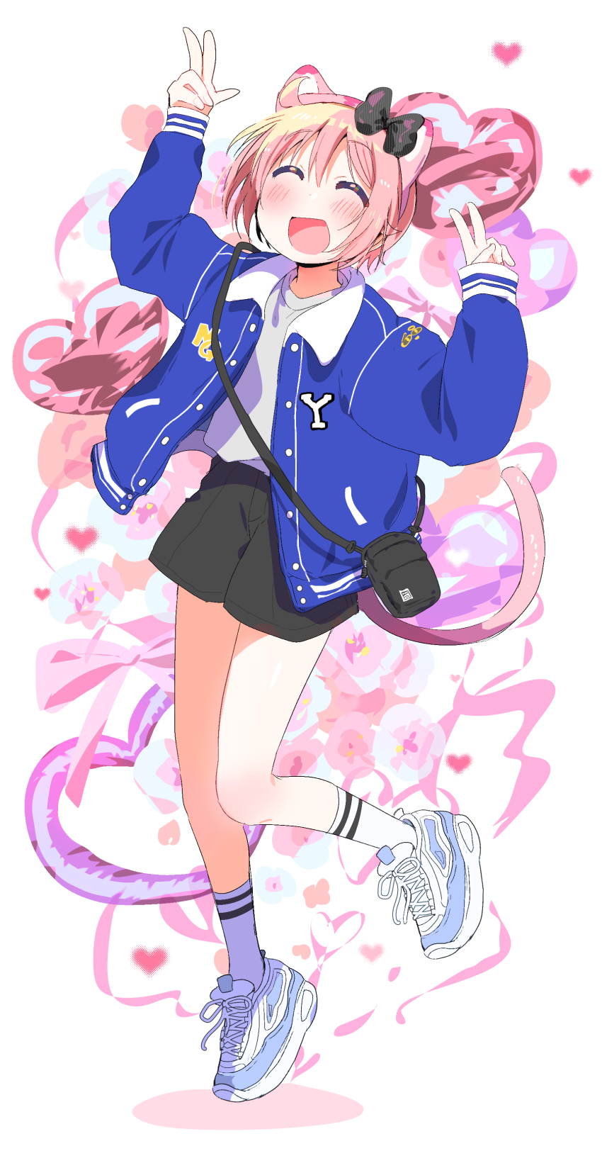 1girl absurdres ahoge arms_up bag black_bag black_bow black_shorts blue_jacket blush bow closed_eyes commentary_request double_v full_body hair_bow happy heart highres jacket leg_up letterman_jacket long_sleeves nonohara_yuzuko open_clothes open_jacket open_mouth pink_hair shirt shoes short_hair shorts shoulder_bag sneakers socks solo standing standing_on_one_leg tatsunokosso v white_shoes white_socks yuyushiki