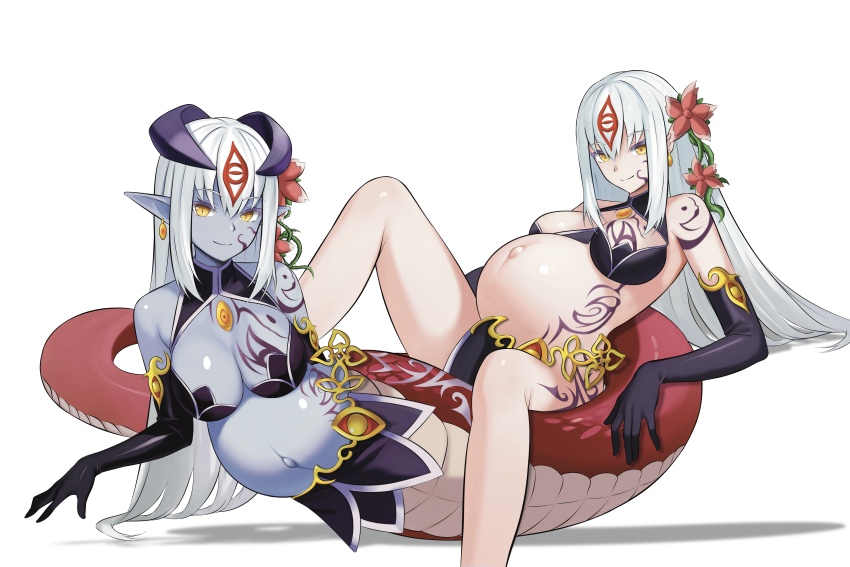 2girls absurdres alipheese_fateburn_xvi breasts djgh5738 dual_persona elbow_gloves eye_tattoo flower gloves hair_flower hair_ornament hair_tattoo highres humanization lamia large_breasts long_hair lying mon-musu_quest! monster_girl multiple_girls navel on_side outie_navel pregnant simple_background spread_legs tattoo white_background white_hair yellow_eyes