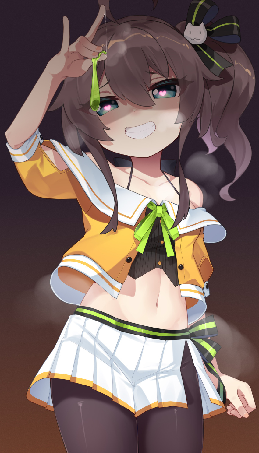 1girl absurdres ahoge black_pantyhose blue_eyes breasts brown_hair closed_mouth condom feibai heart heart-shaped_pupils highres holding holding_condom hololive looking_at_viewer medium_hair natsuiro_matsuri natsuiro_matsuri_(1st_costume) one_side_up pantyhose shirt skirt small_breasts smile solo symbol-shaped_pupils teeth upper_teeth_only virtual_youtuber white_skirt yellow_shirt