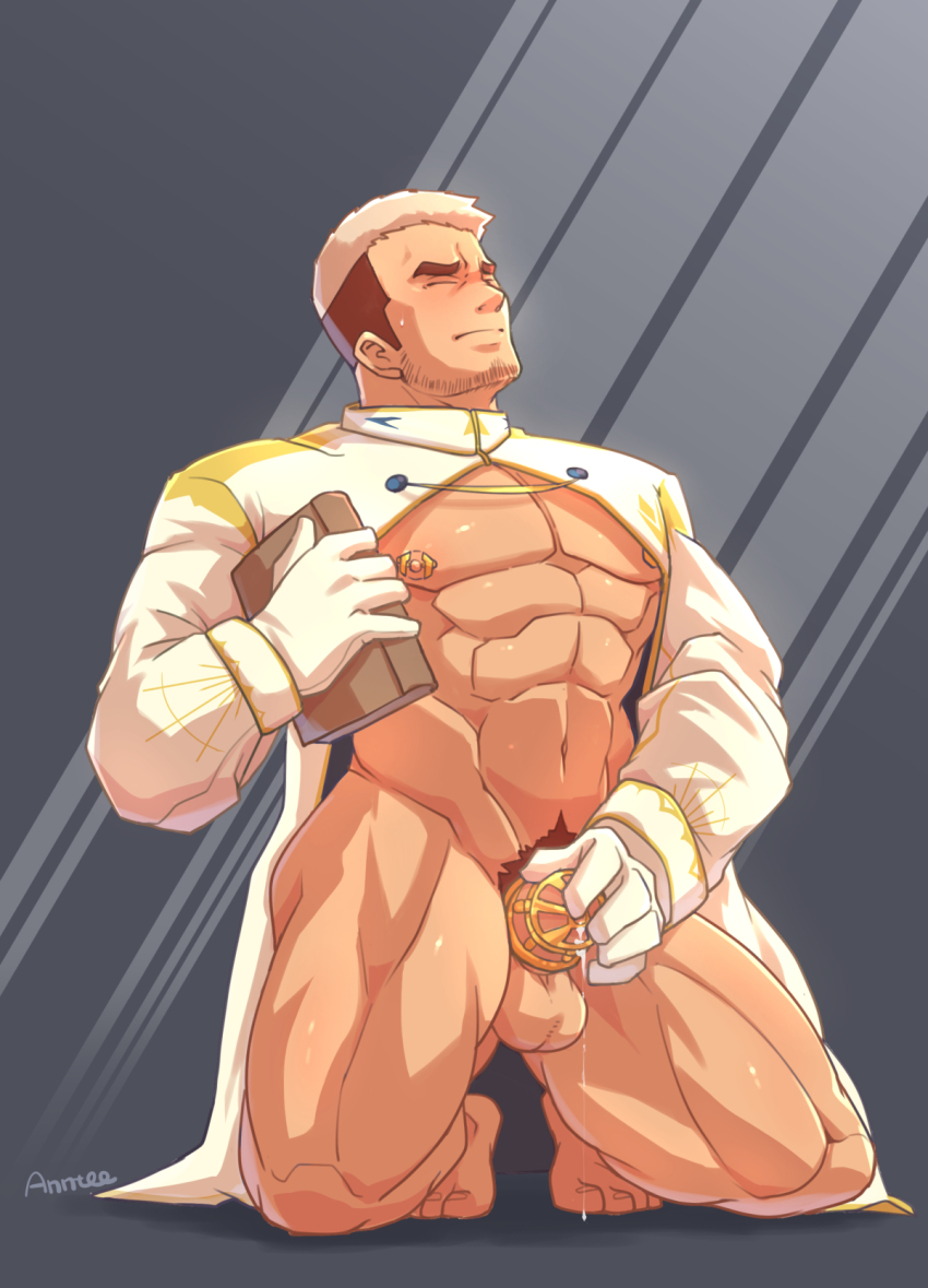 1boy abs anntee artist_name bara beard_stubble book caress chastity_cage clerical_collar closed_eyes closed_mouth facial_hair full_body gloves highres holding holding_book kneeling kyrian_(xxl) large_pectorals long_sleeves male_focus male_pubic_hair multicolored_hair muscular muscular_legs muscular_male nipples pectorals precum precum_string priest pubic_hair short_hair simple_background solo stubble thick_eyebrows thighs two-tone_hair undercut white_gloves white_hair xxl_woofia