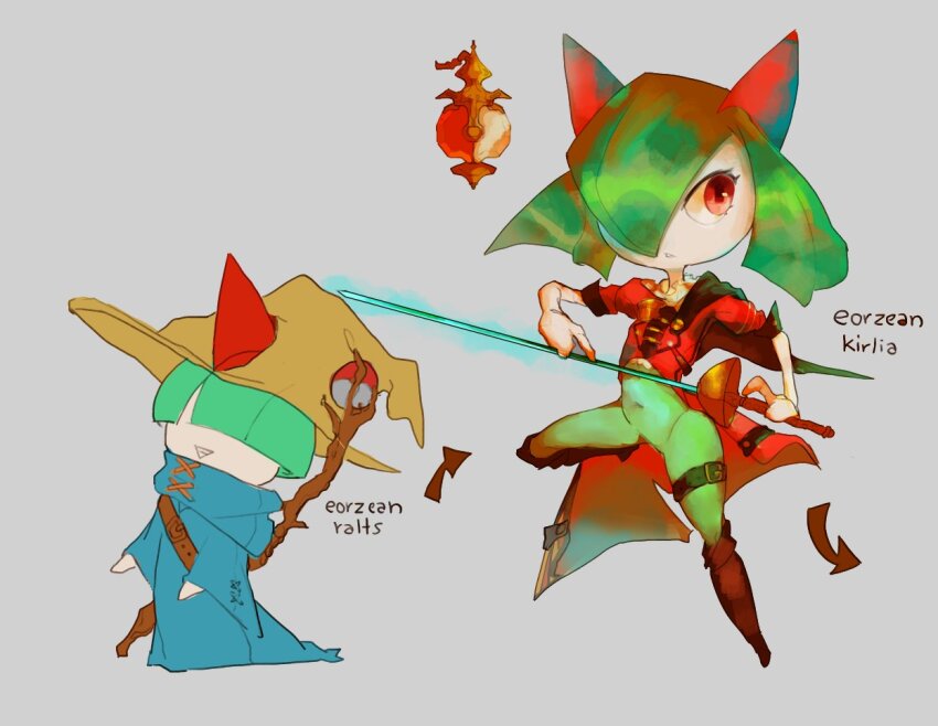 belt black_mage_(final_fantasy) blue_robe boots bowl_cut brown_hat clothed_pokemon coat colored_skin cosplay final_fantasy fleyr game_freak gen_3_pokemon green_hair green_skin grey_background hair_over_eyes hair_over_one_eye hat holding holding_sword holding_weapon horns kirlia multicolored_skin nintendo pink_eyes poke_ball_symbol pokemon pokemon_(creature) ralts red_coat red_mage_(final_fantasy) robe sidelocks simple_background sword thigh_belt thigh_strap two-tone_skin weapon white_skin