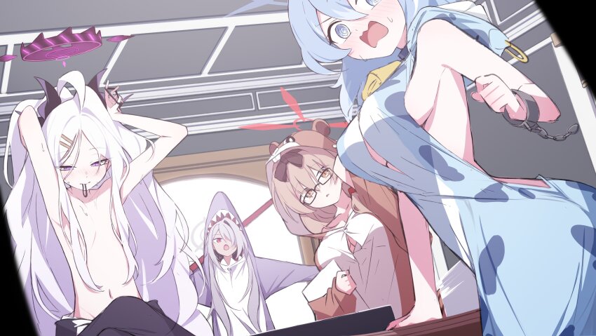 4girls @_@ absurdres adjusting_hair ako_(blue_archive) ako_(dress)_(blue_archive) bear_pajamas blue_archive blue_dress blue_eyes blue_hair breasts brown_hair chinatsu_(blue_archive) dark-skinned_female dark_skin dress grey_hair grey_halo hair_censor halo hashtag-only_commentary highres hina_(blue_archive) iori_(blue_archive) large_breasts long_hair mmhomm multiple_girls navel official_alternate_costume open_mouth pajamas prefect_team_(blue_archive) purple_halo red_eyes red_halo revealing_clothes sideboob small_breasts stomach topless_female yellow_eyes