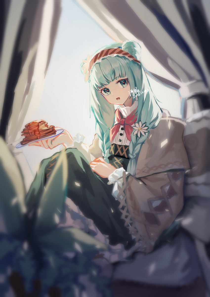 1girl absurdres animal_ears arknights bear_ears blue_eyes blue_hair braid dress flower frills hair_flower hair_ornament hairband highres holding istina_(arknights) istina_(bibliosmia)_(arknights) jacket long_hair long_sleeves looking_at_viewer monocle official_alternate_costume red_hairband shirt solo twin_braids white_flower xianyutu_buxiangzuoxianyu