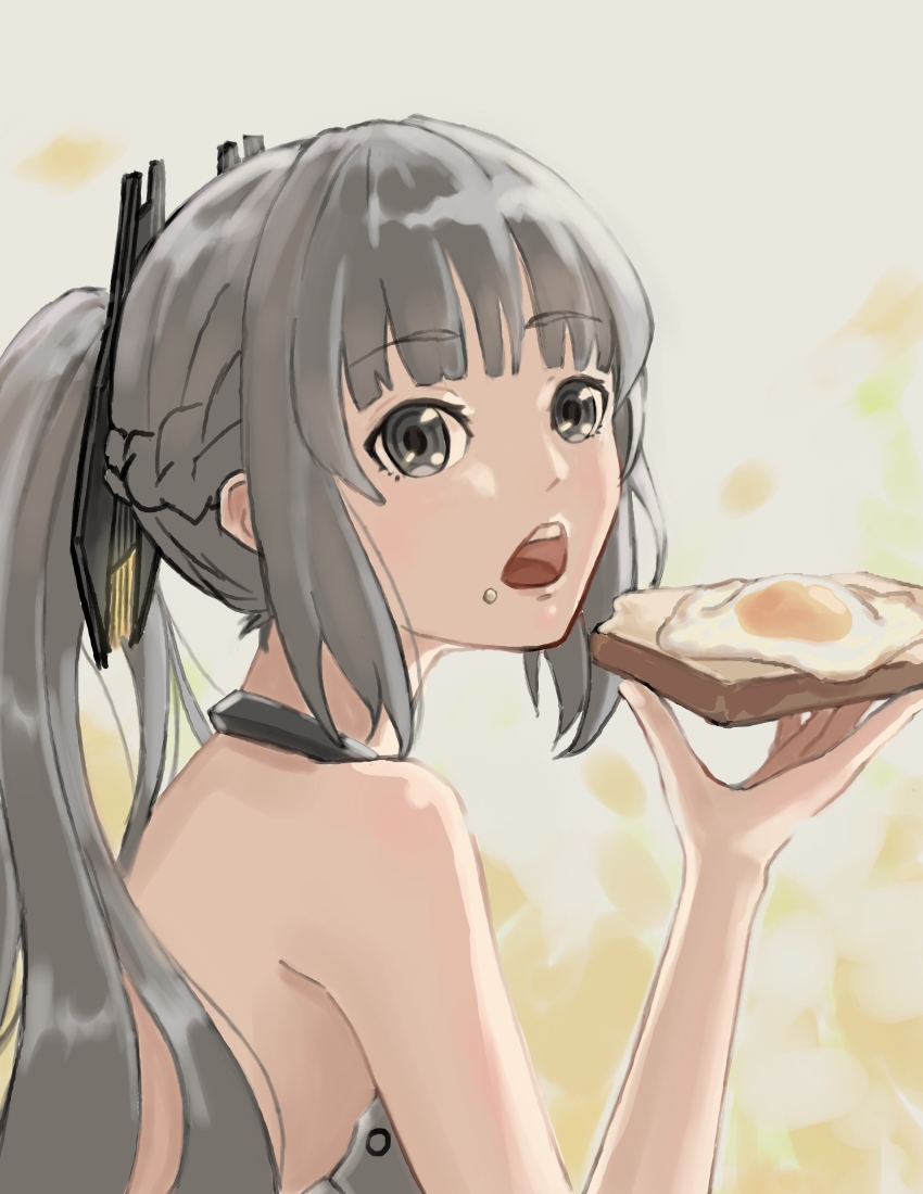 1girl absurdres bare_arms bare_shoulders black_choker bob_cut braid bread choker egg_(food) food food_on_face french_braid grey_eyes grey_hair hair_ornament highres holding holding_food looking_at_viewer nanami:_pulse_(pgr) nanami_(pgr) open_mouth ponytail punishing:_gray_raven sidelocks solo teeth trashpanda_11b upper_teeth_only