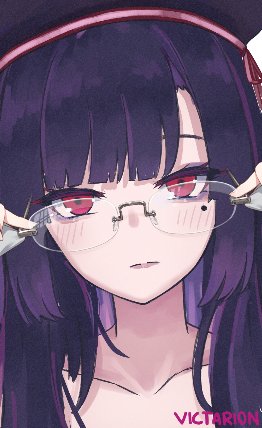 1girl absurdres banmin banmin_chan beret black_hair breasts colored_skin eizoku_shizu eyeshadow eyeshadow_under_eye glasses hat highres hime_cut large_breasts lipstick long_hair makeup mole original permabanned red_eyes thick_thighs thighs victarionsc virtual_youtuber white_skin