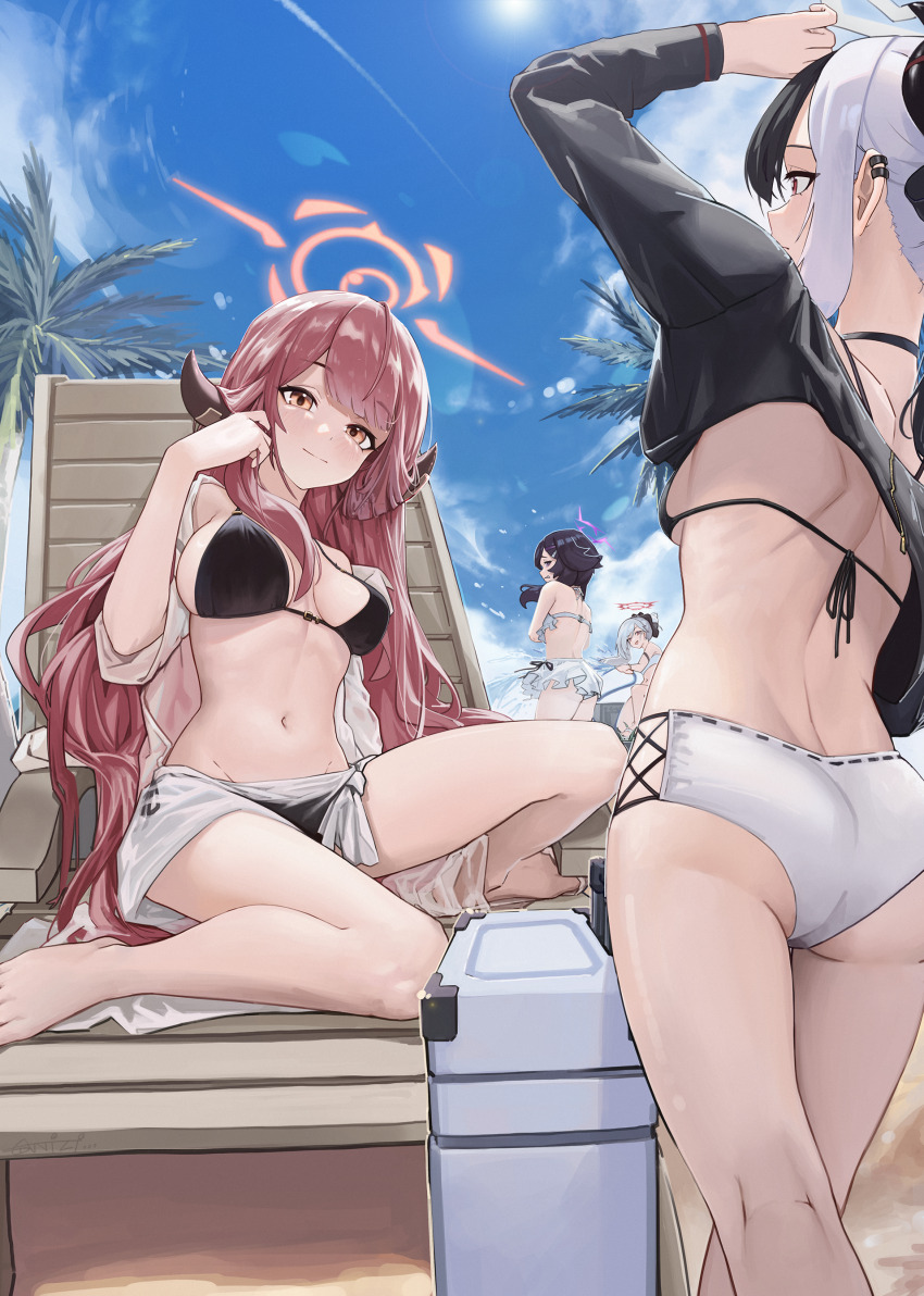 4girls absurdres anizi aru_(blue_archive) beach_chair bikini black_bikini black_hair blue_archive blush breasts cross-laced_bikini cross-laced_clothes day demon_horns grey_hair halo haruka_(blue_archive) highres holding holding_hose horns hose kayoko_(blue_archive) kneepits looking_ahead looking_at_viewer medium_breasts mismatched_bikini multiple_girls mutsuki_(blue_archive) navel outdoors palm_tree pink_hair problem_solver_68_(blue_archive) purple_hair sarong shrug_(clothing) sitting smile standing stomach swimsuit tree white_bikini white_sarong