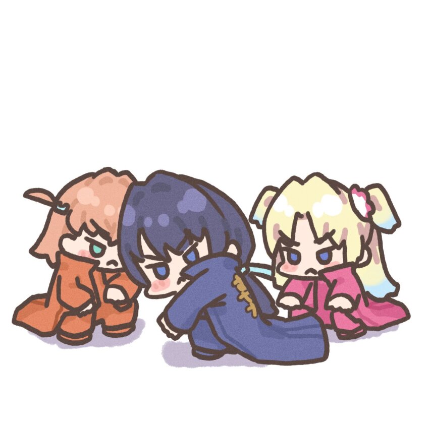 :&lt; alternate_costume aqua_eyes arms_on_knees blonde_hair blue_coat blue_eyes blue_hair blue_jumpsuit blue_ribbon blush_stickers bousouzoku chibi chibi_only closed_mouth coat colored_tips dark_blue_hair delinquent film_grain flower frown hair_flower hair_ornament hair_ribbon hands_on_own_knees highres hinoshita_kaho jitome jumpsuit light_blue_hair link!_like!_love_live! long_hair long_sleeves looking_at_viewer love_live! low_twintails medium_hair multicolored_hair murano_sayaka orange_coat orange_hair orange_jumpsuit osawa_rurino parted_bangs pink_coat pink_flower pink_jumpsuit rabbit_hair_ornament ribbon shadow side_ahoge simple_background slav_squatting squatting sunkeun tokkoufuku twintails v-shaped_eyebrows white_background white_flower